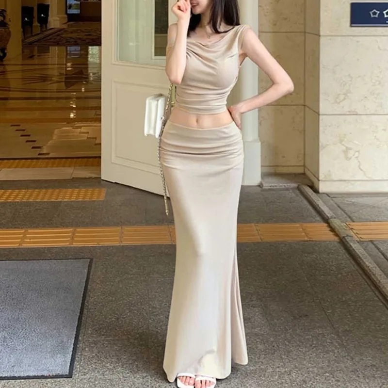 Korean  Slim Fit Sexy Bodycon Pure Desire Style Top + Bodycon Mermaid Skirt Two-Piece Set For Women Skirts Set Fashion AUT9