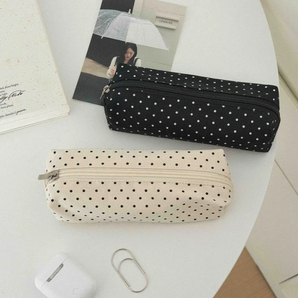 New Polka Dot Stationery Pouch Canvas Zipper Closure Pen Pouch Large Capacity Red Black Beige Pen Storage Bag For Students