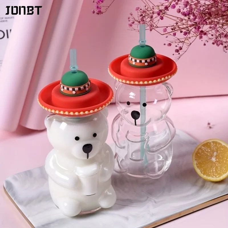 

Cute Bear Glass Cup For Kids High Temperature Resistant Transparent Glasses With Straw Lids Coffee Mugs Beverages Drinkware Gift