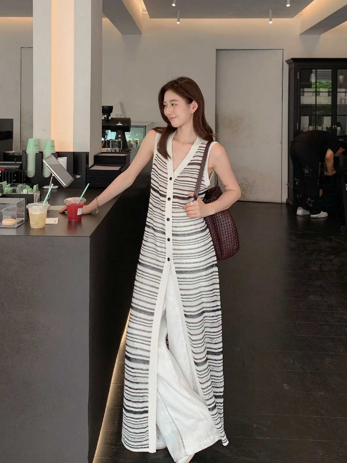

Ele V-Ne Knitted Dr Twin Parisian Sle Paper Silk Vest Svel Long Dr Soft Linen Blend Comfortable Daily Wear