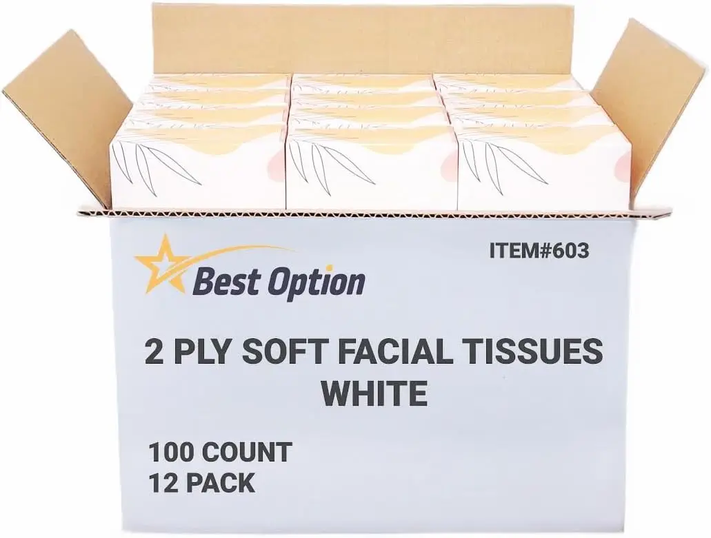 

Soft 2-Ply Facial Tissue, White, 100-Count Box | Gentle & Durable for Bathroom, Office, School (12-Box Bulk Pack)