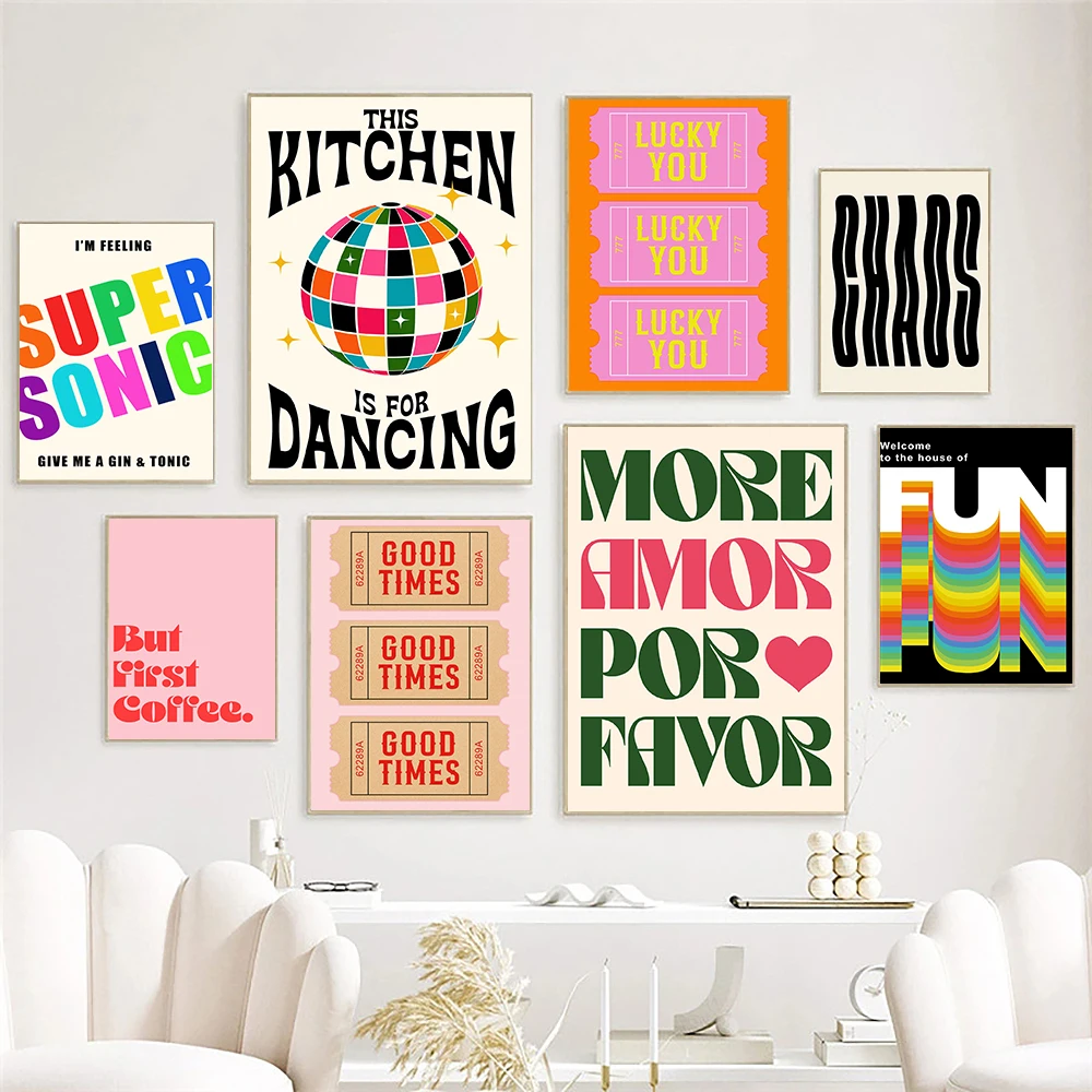 Retro Funny Kitchen Quote Good Times Lucky You Poster and Print Colorful Canvas Painitng Kitchen Dancing Living Room Home Decor