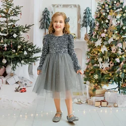 Kids Silver Sequin Dresses for Girls Cute Princess Evening Tutu Gown Children Long Sleeves Birthday Party Luxury Pageant Dress