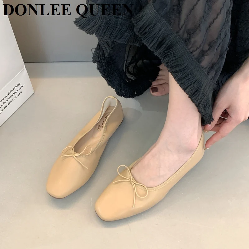 2024 Fashion Candy Color Flats Ballet Shoes Women Female Ballet Round Toe Shallow Bow Knot Ballerina Soft Moccasin Zapatos Mujer