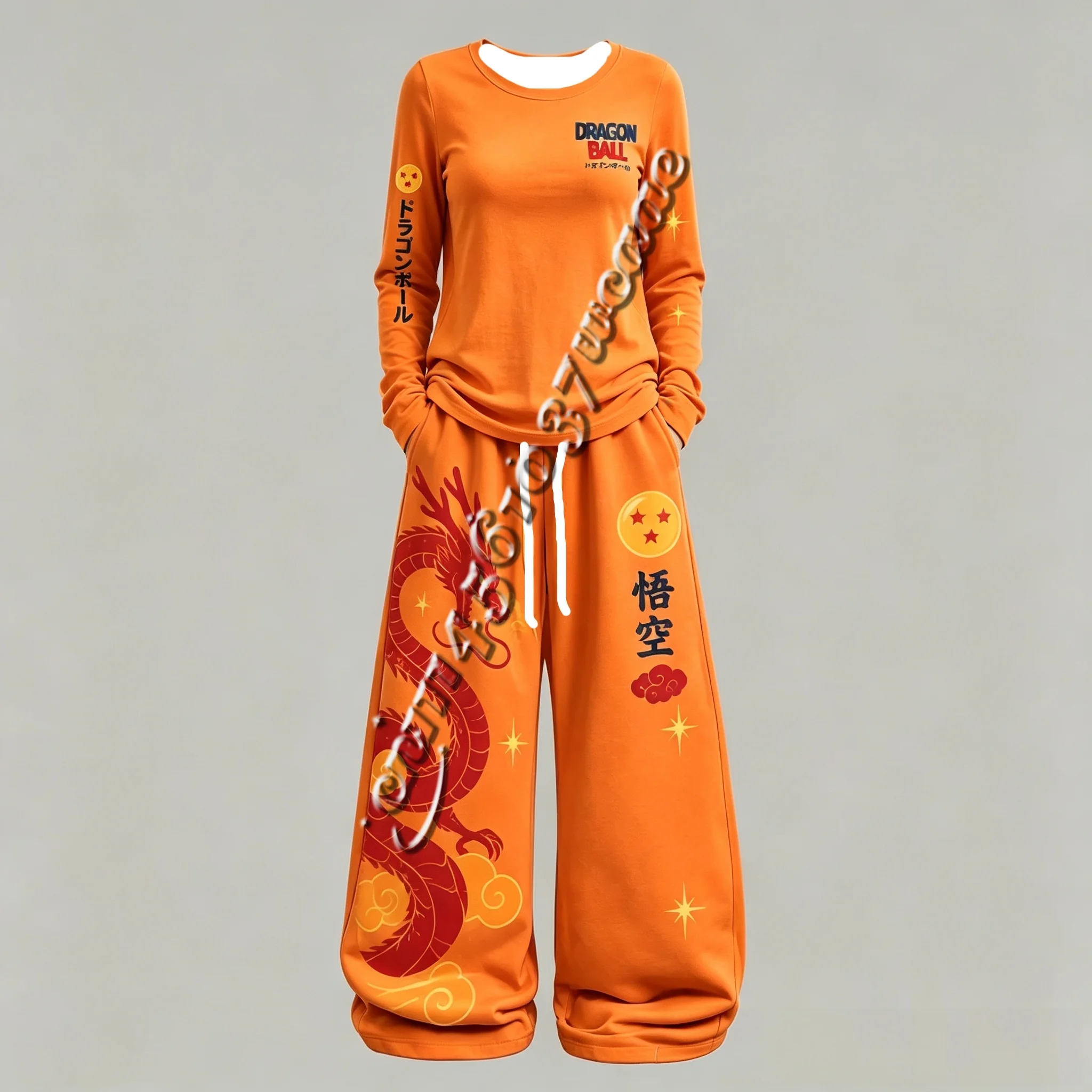 Unisex Frühling Herbst Streetwear Dragon Ball Anime Print Langarm T-Shirt und Weite Hose Trainingsanzug Familien-Set – Detail 10