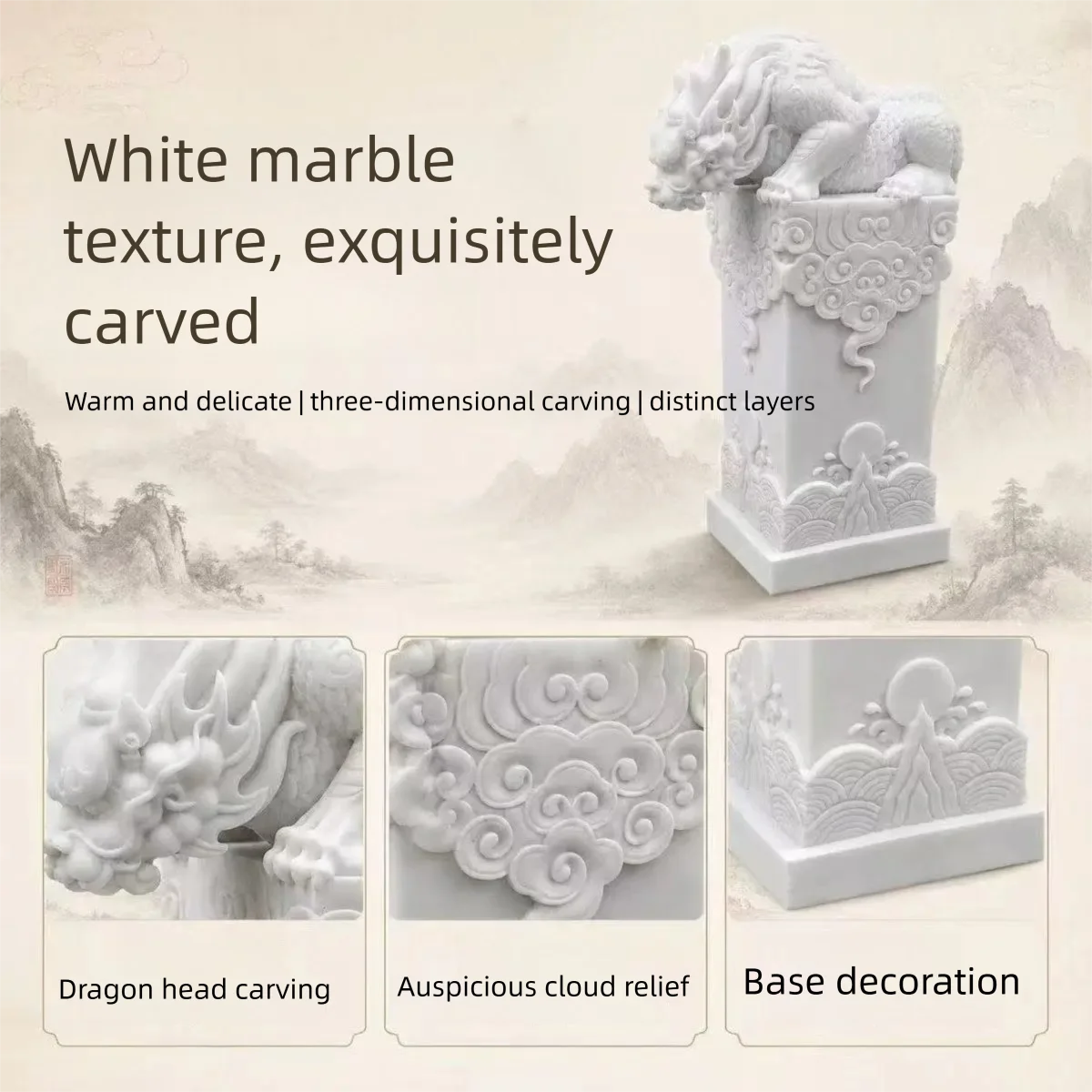 Hand White Marble Mythical beast Statue Chinese Feng Shui Guardian Lion Water Absorbing Beast Home Office Decor Lucky Charm