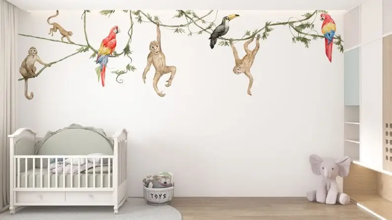 Tropical Animals Stickers, Nursery Room Decor, Peel and Stick, Jungle Animals Wall Decals, Jungle Wall Decor, Nursery Decor, Sel