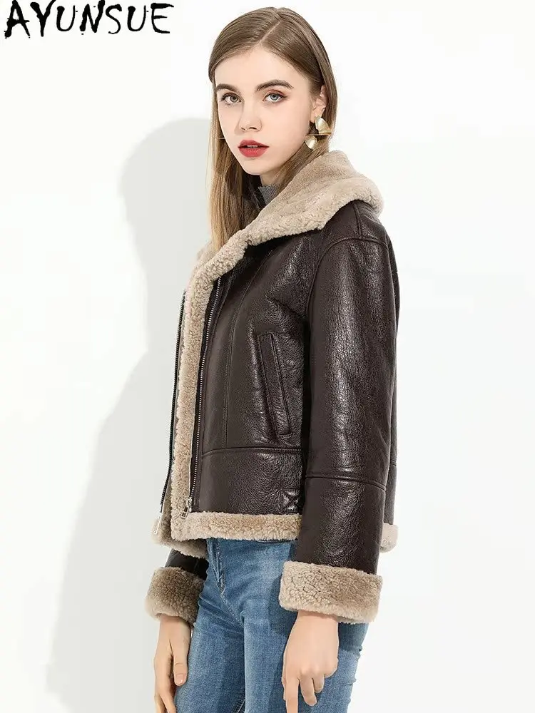 AYUNSUE 2025 جديد شيرلينغ سترة امرأة 100% سترات من الصوف الطبيعي للمرأة ملابس موضة سترة فرو الضأن امرأة كوفاتا ميسهوم