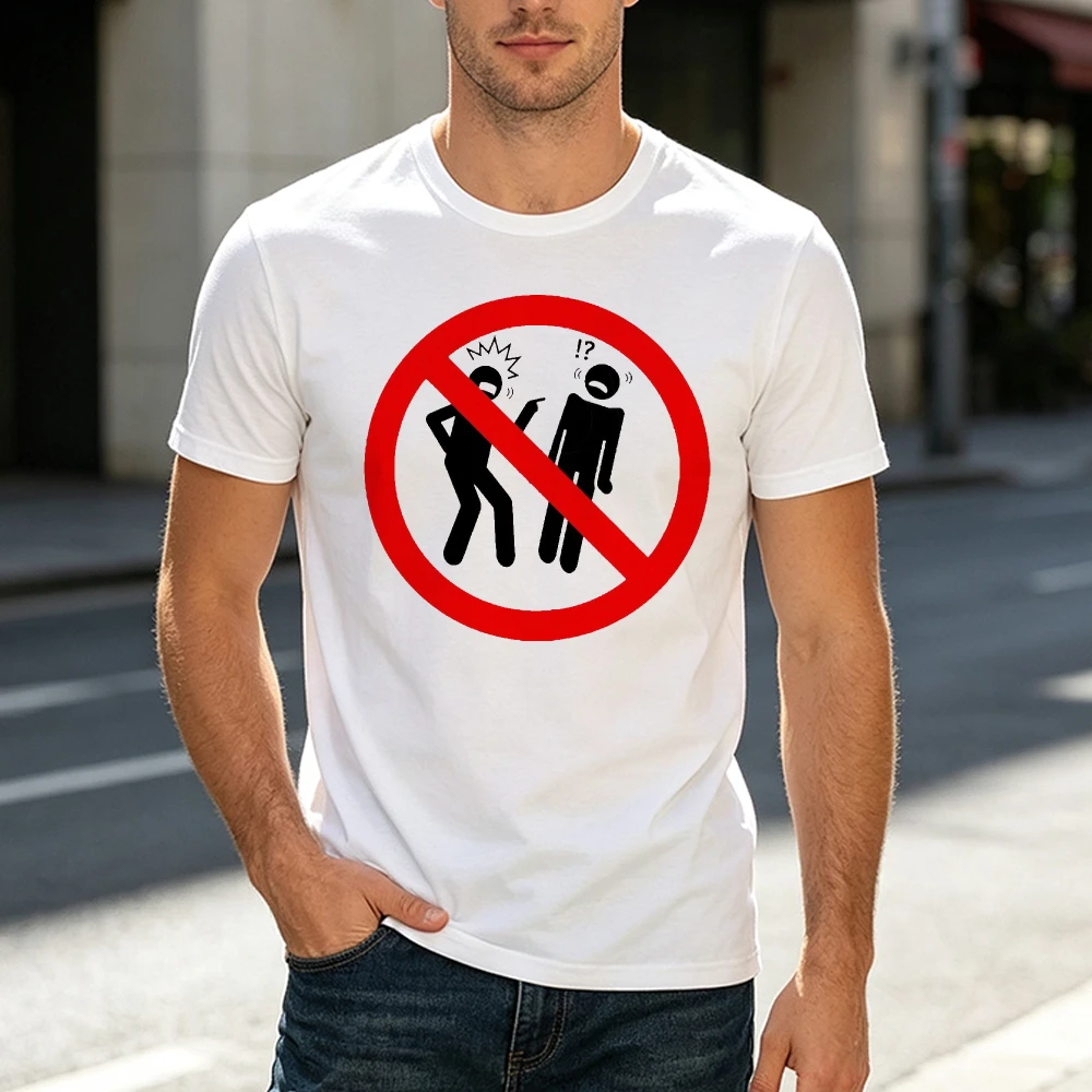 No Fighting Ban Sign Graphic T Shirt Men Argument Conflict Meme Tee Summer Casual Top Red Prohibition Circle Symbol Shirt