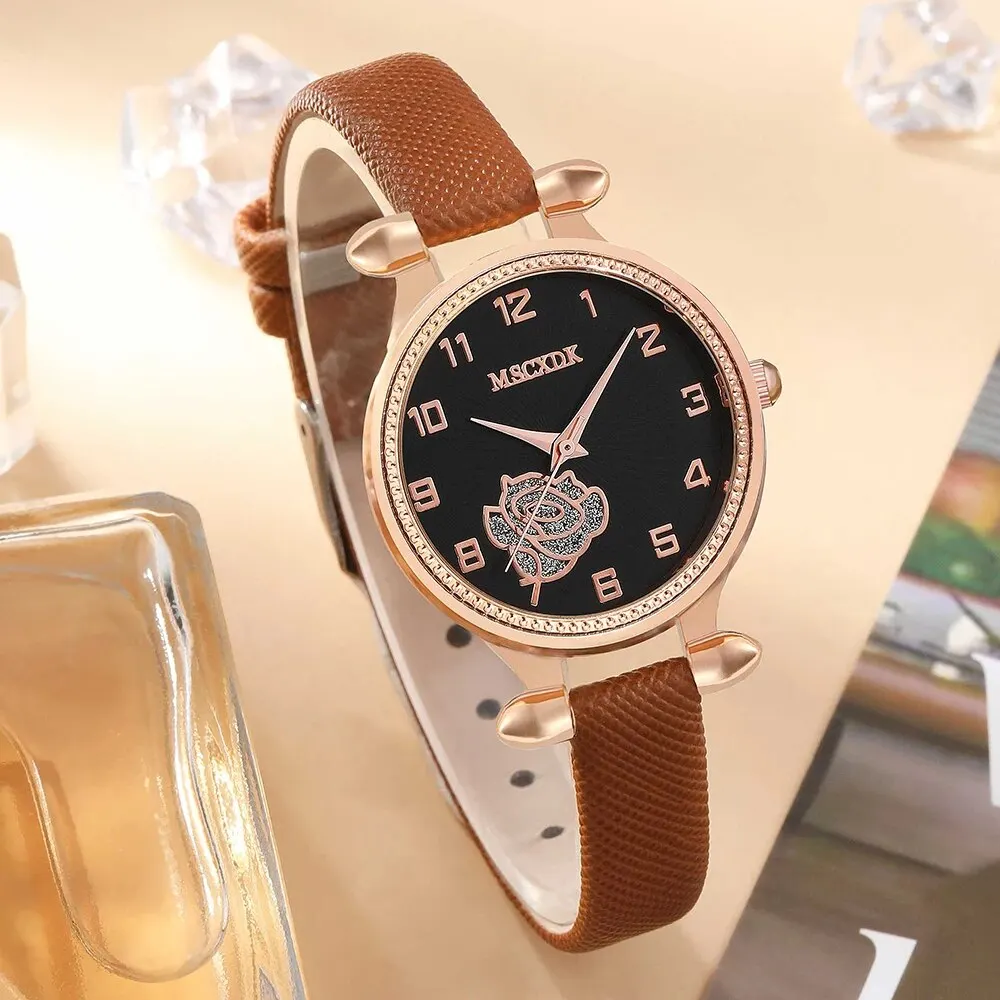 2PCS Set Simple Women Watch & Sunglasses Flowers Dial Leather Quartz Wristwatches Set Female Leopard Glasses Watch Dress Clock M