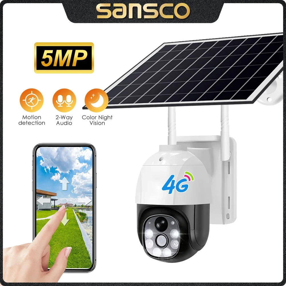 SANSCO 5MP 4G Solar WIFI Camera Built-in Battery PIR Motion Detection Tracking Outdoor PTZ 3MP Security IP Camera V380 PRO