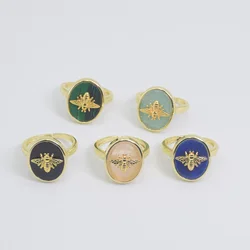 Fashion Natural Stone Bees Ring Oval Gems Rose Quartzs Lapis Amazonite Gold Color Resizable Ring Women Summer Jewelry