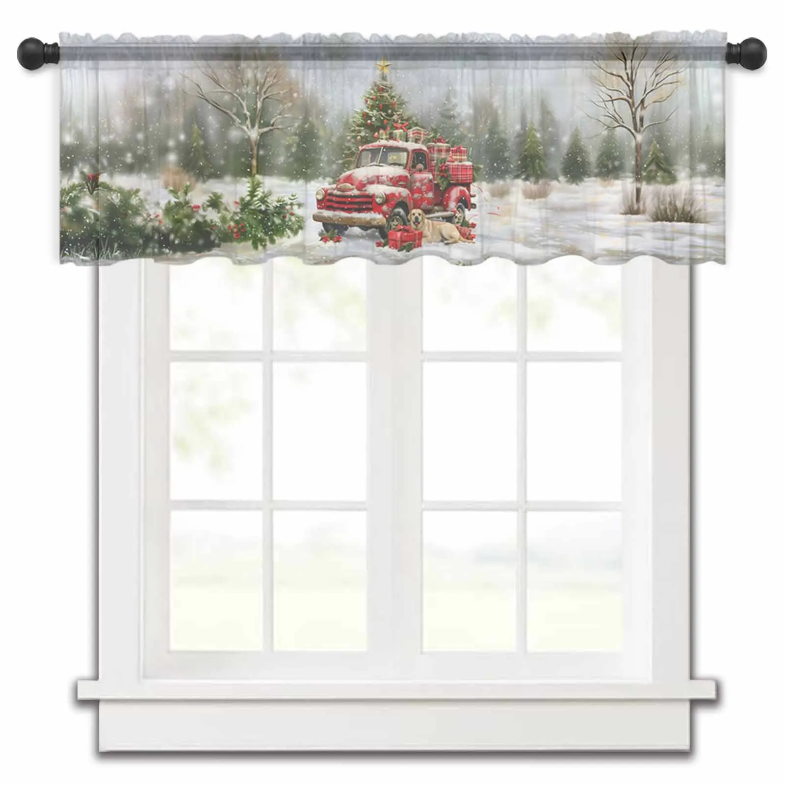 Christmas Forest Truck Dog Evergreen Tree Kitchen Small Window Curtain Tulle Sheer Short Curtain Living Room Voile Drapes