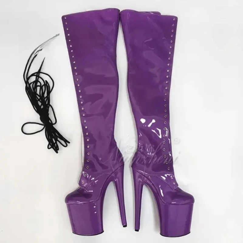 20CM Extreme High Over The Knee Long Boots for Pole Dance Patent Leather Pumps Lace-Up Non-Slip Sole Stage Performance Shoes