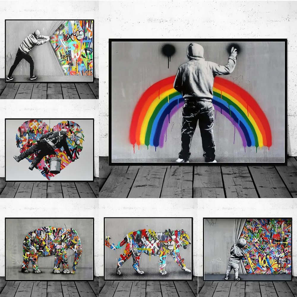 

Abstract Rainbow Love Heart Street Graffiti Art Posters And Prints Canvas Wall Painting Art Picture For Living Room Home Decor