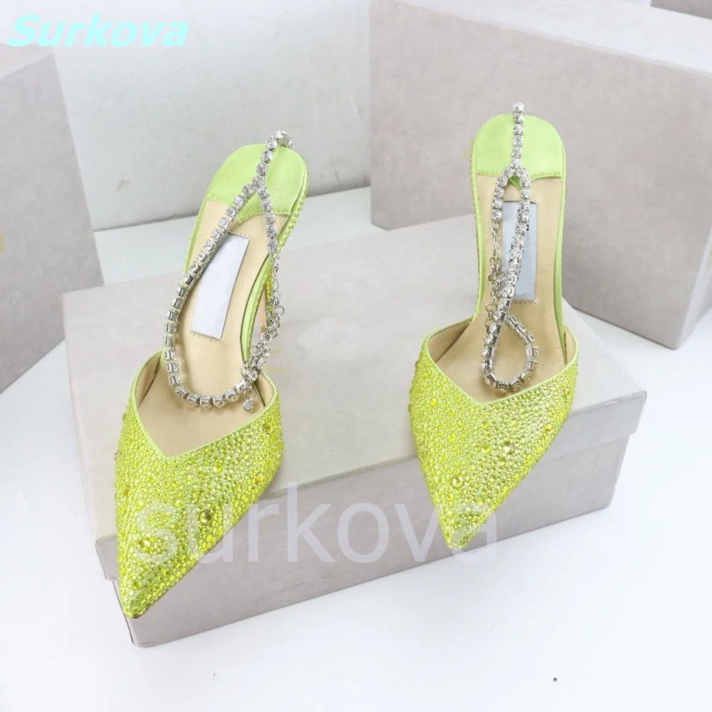 Hottest Rhinestone Sandals Pink Pointed Toe Slingbacks Bling Ankle Chain Women Shoes Beautiful Fashion High Quality Sexy Shoes