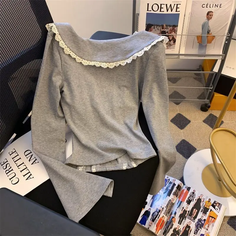 Camiseta de manga larga con cuello cuadrado y lazo de encaje para mujer, ropa de cuerpo ajustada coreana de terciopelo grueso para otoño e invierno