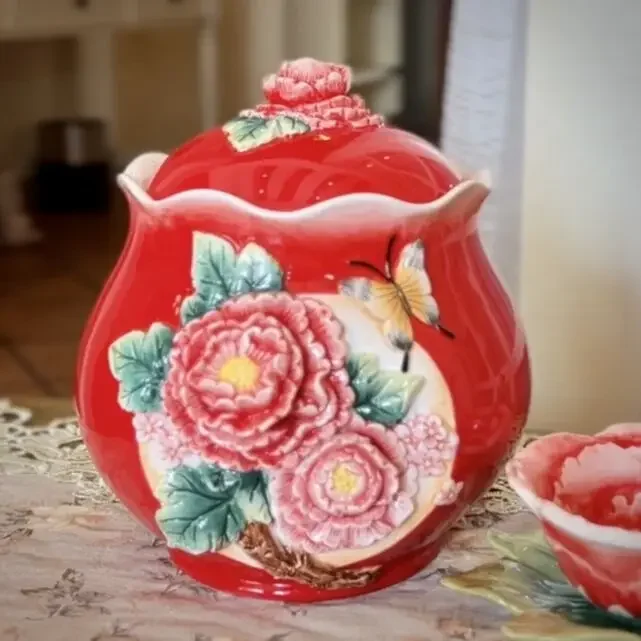 Ceramic Peony Flower Candy Storage Jar, Home Decor, Living Room Decoration, Dried Fruit Tea Jar, Kitchen Food Container