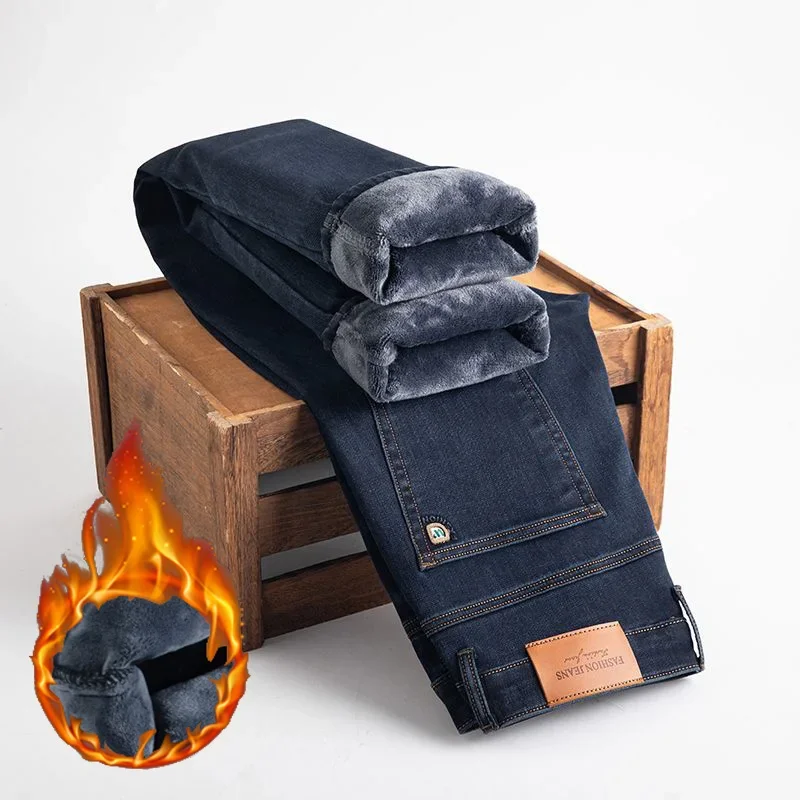 2026 Winter Fleece Men Casual Jeans Male Fashion Stretch Thick Plush Warm Denim Trousers Classic Versatile Business Pants
