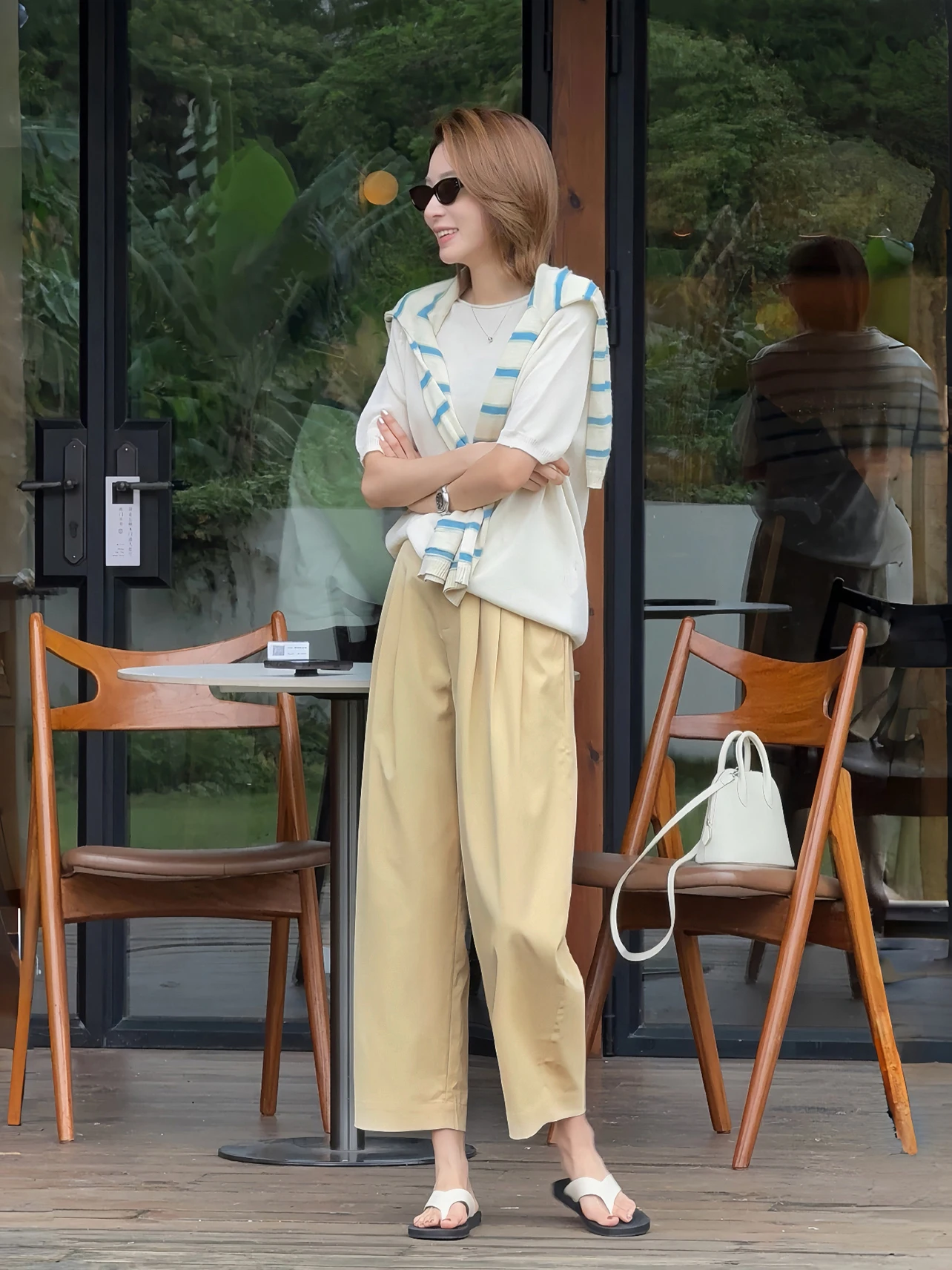 Lao Ban Zhou Summer New Style Casual Wide Leg Pants Half Elastic Waist Pleated Nine Points Slimming Drapey Ladies Fashion