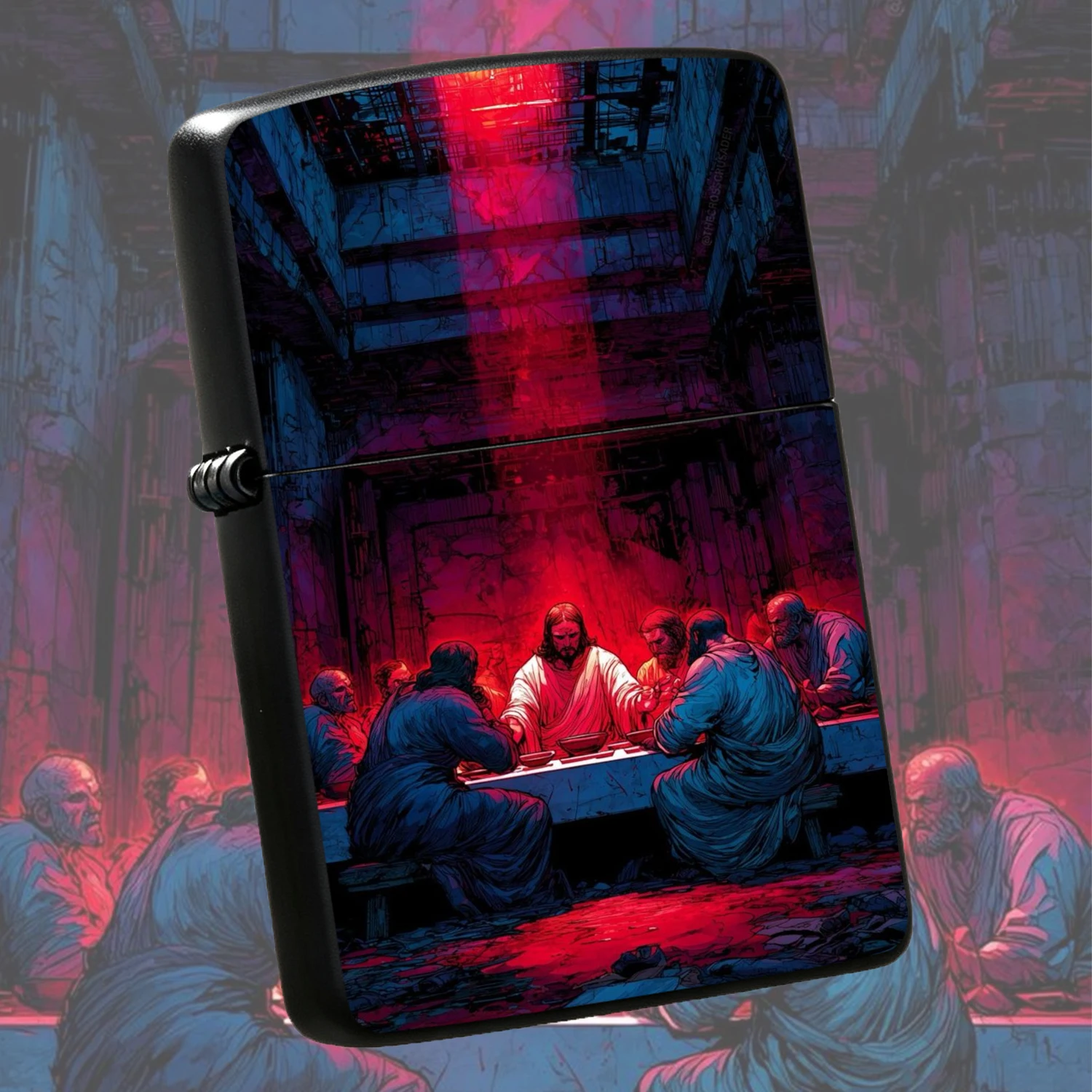 Vintage Last Supper Themed Windproof, Cyber Red Blue Neon Art Print Crack Resistant Sturdy Body, Portable Creative Religious Inspired Collectible For Daily Use Outdoor Camping, Unique Decorative Gift For Faith Believers Art Lovers A Fun And