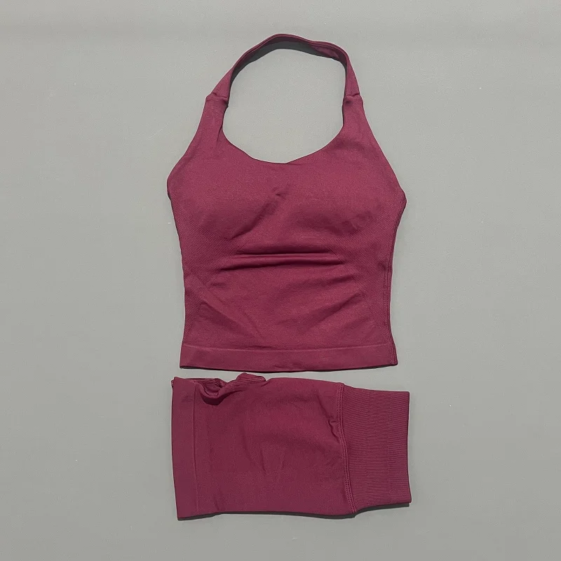 2-delige sportgymset voor dames, lange tanktop met bandjes, gevoerde yogakleding, naadloze sportshorts, fitness hardloop trainingspak