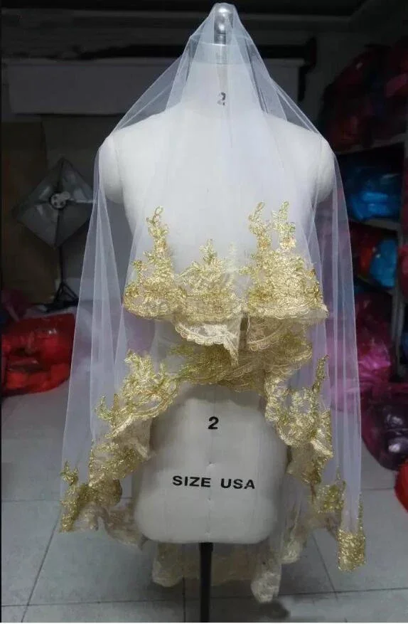 Véu de casamento de tule com borda de renda dourada, véu de noiva longo de 1.8m, acessórios de casamento baratos e personalizados