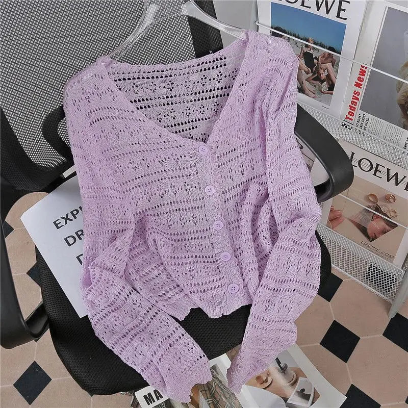 Summer New Thin Coat Knitted Cardigan Women Solid V-neck Patchwork Button Long Sleeve Short Hollow Out Sunscreen Shawl Thin Top