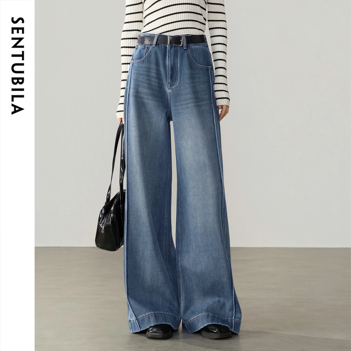 SENTUBILA Wide Leg Pants for Woman 2026 Winter New Fleece-Lined Mid Rise Stretch Denim Warm Versatile Commuter Jeans W64ND8632