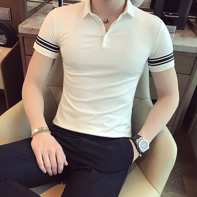 Man with Collar Tee Shirts Plain Streetwear Skinny Original Top Striped Slim Fit Basic Polo T Shirt for Men Gym Cotton Clothing