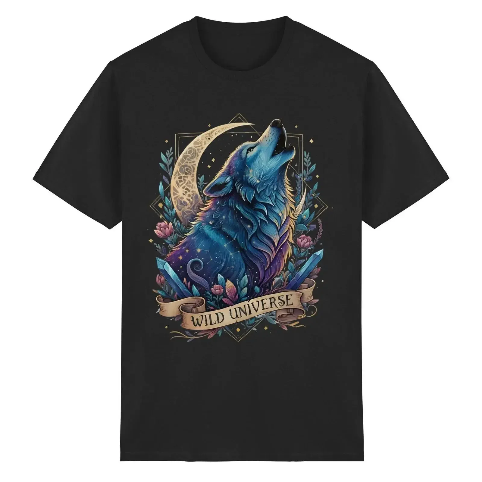 Mystischer Wolf Mond T Shirt Style Wildes Universum Sterne und Kristalle vintage Washed Versatile Breathable Unisex fashion