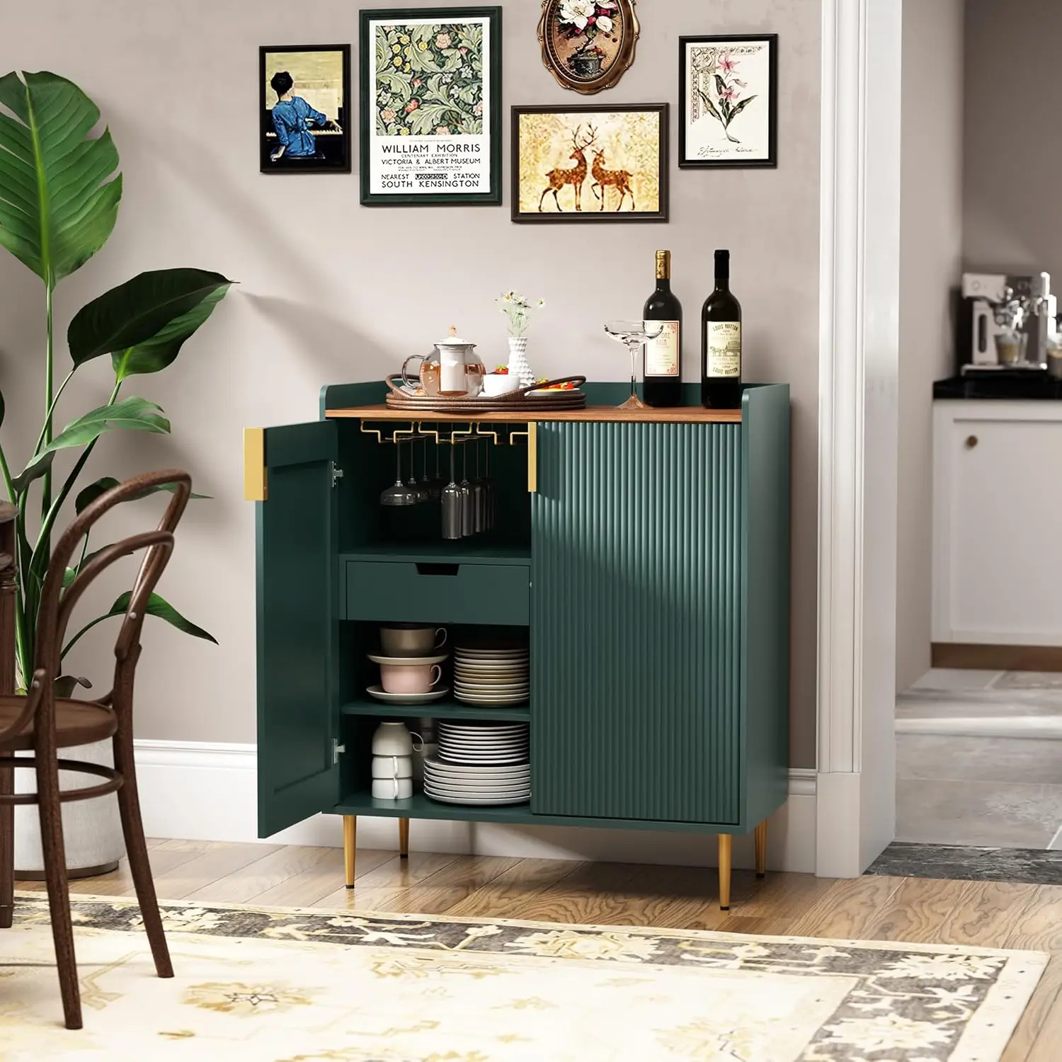 Coffee Bar Cabinet with Wine Racks, Green Liquor Cabinet with Fluted Texture, Modern Sideboard Buffet Cabinet for Kitchen Dining