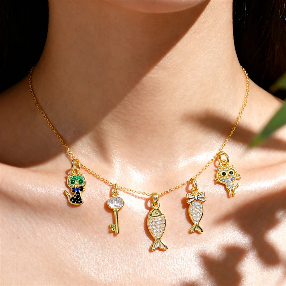 

3Pcs Pendants Brass Cubic Zirconia Cat Key Fish Hat Charms for DIY Jewelry Necklace Bracelet Making Accessories for Women Men