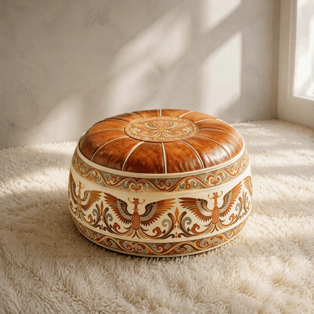 Storage Bag Retro Ethnic Style Sofa Stool Cover PU Leather Phoenix Pattern Pouf Cover Space Saving Unfilled Tatami Stool Bedroom
