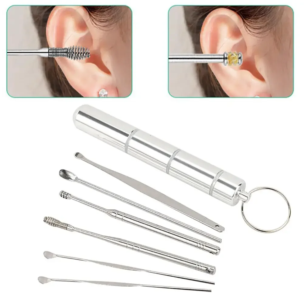 6Pcs Ear Wax Pickers Portable Stainless Steel Earpick Wax Remover Curette Ear Pick Cleaner Spoon Care Ear Cleaning Digging Tool