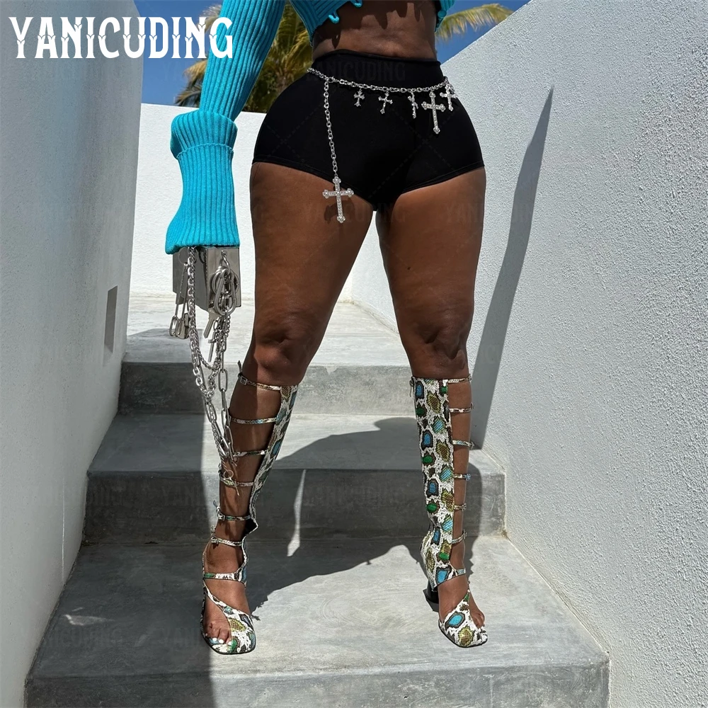 Curved Heel Multi Buckle Sandal Boots Asymmetric Square Toe Knee High Boots Novelty Designer Style Cage Sandals Boots for Women