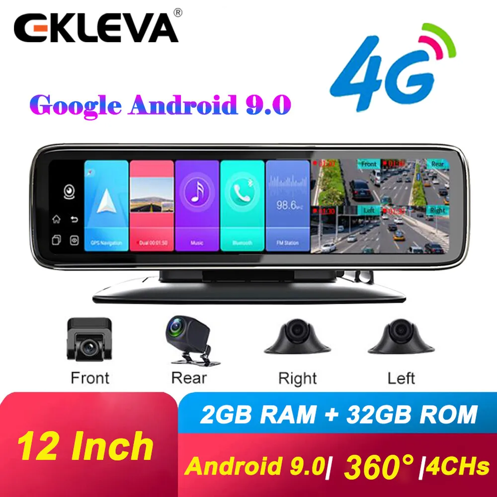 

4 Ch 12 “ Touch Screen Car DVR Camera Android 9.0 Dash Cam Auto Video Recorder 360 Panoramic Camera Rear View Mirror WiFi Navi