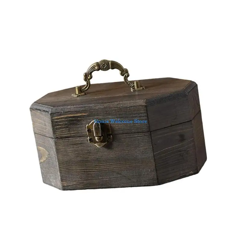 

F68E Vintage Octagonal Wooden Storage Box With Handle For Jewelry And Accessories