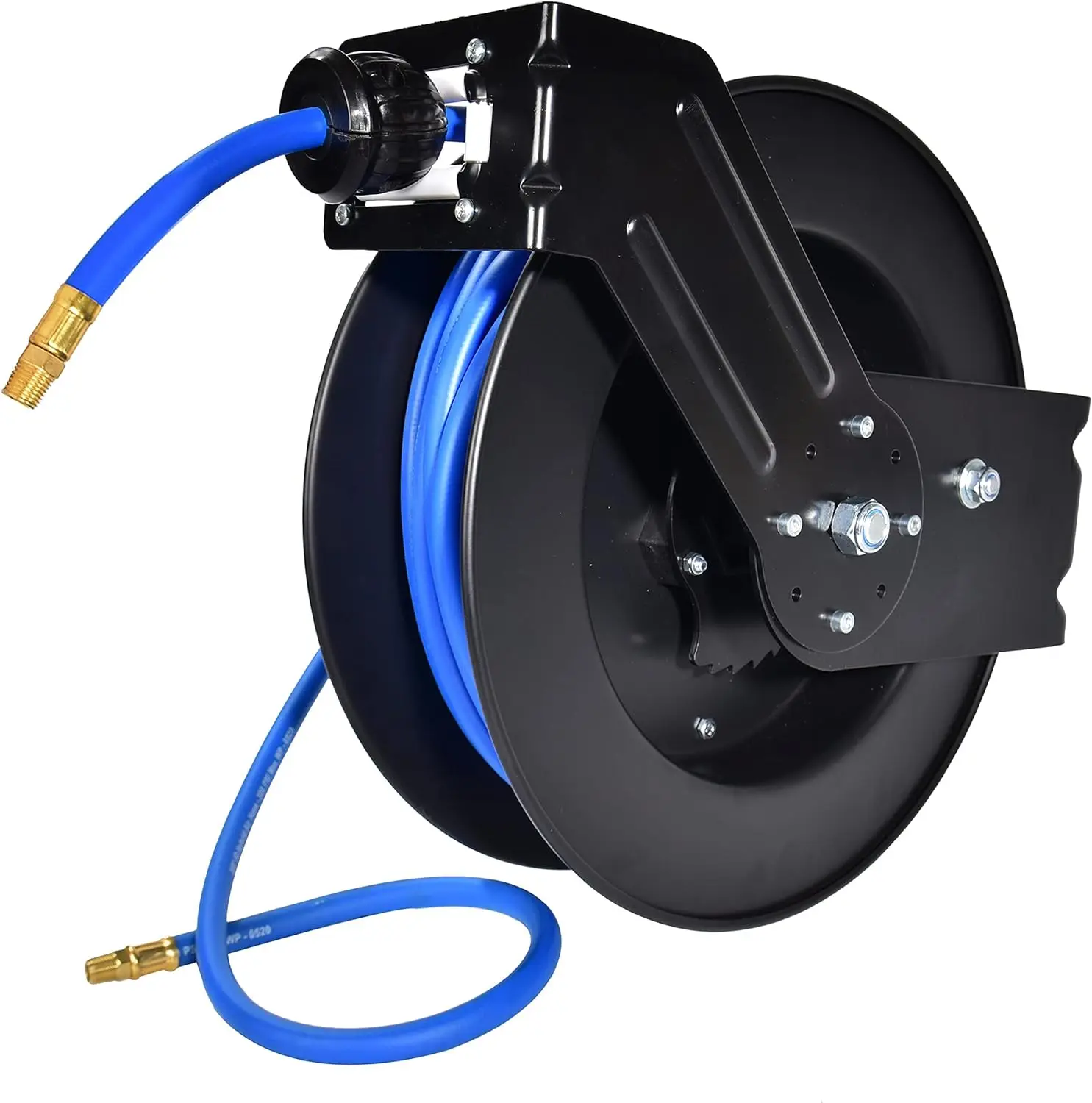 

Premium Heavy-Duty 3/8 in X 50 ft Air Hose Reel. Wall Mount, Retractable, 300 PSI Flexi Able Hybrid Hose, Black and Blue
