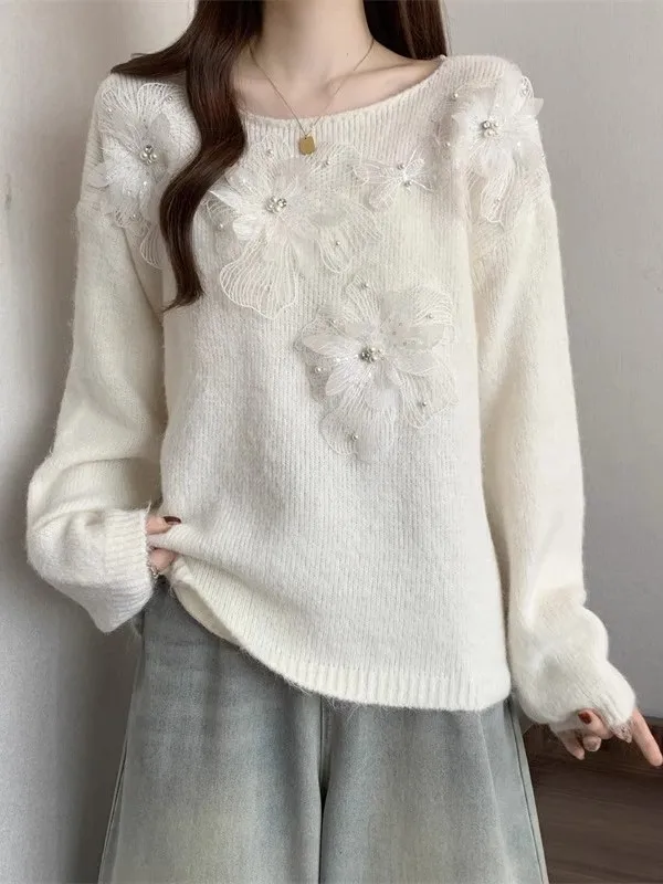 

Loose Korean Sle Women's Knitted Lace Floral Sweater Autumn Winter New Lazy Sle White Tee Dimensional Flower Knitwear