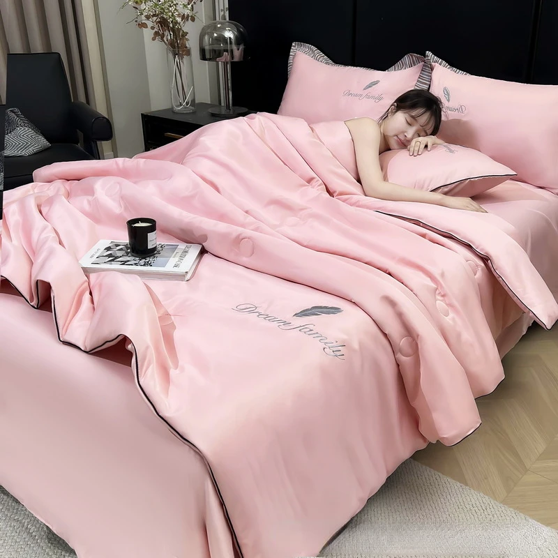 

New Pink Embroidery Fiber Summer Cool Washed Ice Silk Cool Air-Conditioned Thin Blanket Comforter Queen Size 220x240