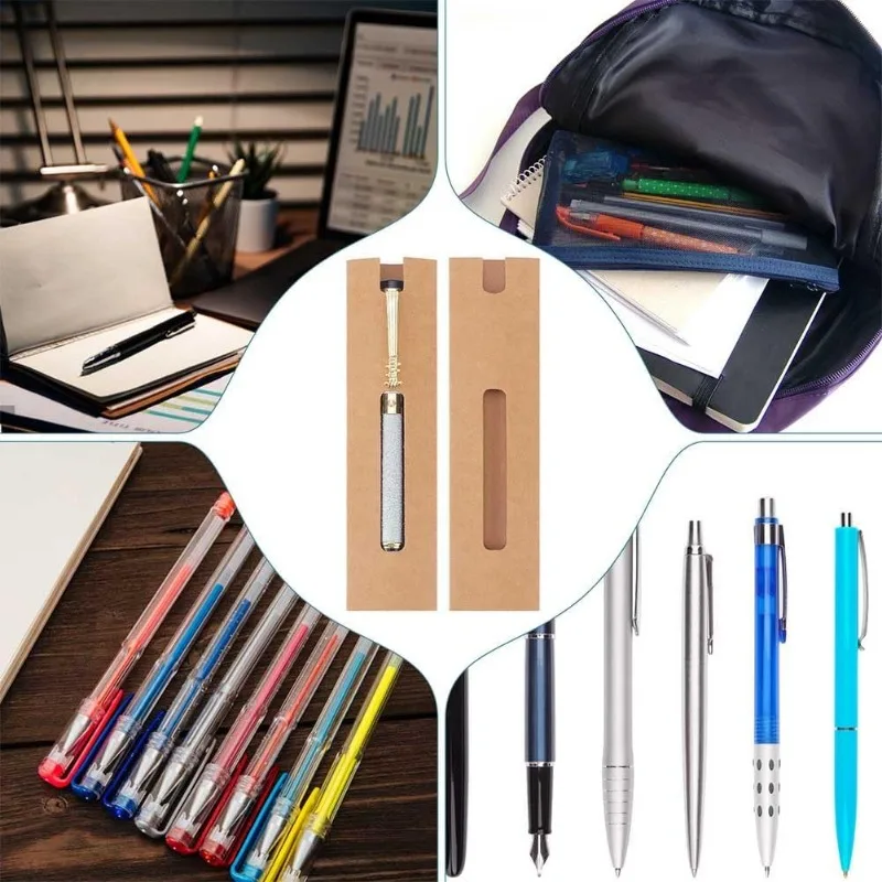 50 Pcs Kraft Pen Gift Boxes Burlywood Slip-in Pen Packaging Box with Clear Window for Pencil Ballpoint Fountain Pen Display