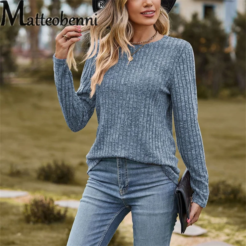 Autumn Pit Stripes Solid Color Long Sleeve T-Shirt Ladies Elegant Comfortable Commuter Slim Fit Tees Women's O Neck Pullover Top