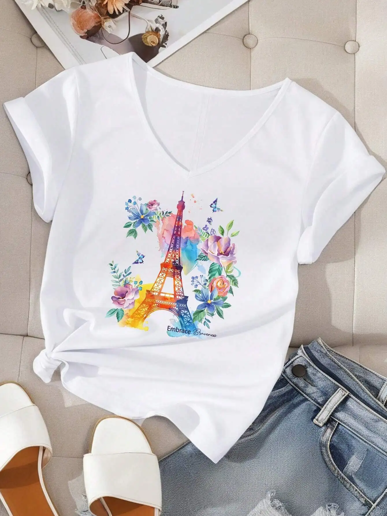 

Женская футболка с v-образным вырезом и короткими рукавами с цветочным принтом Эйфелевой башни, повседневный летний топ больших размеров