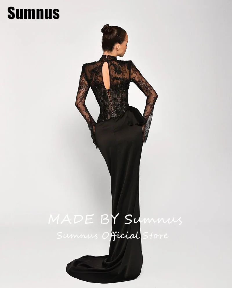 Sumnus Black Lace Mermaid Prom Dresses Elegant Long Sleeves Sexy Evening Dress Floor Length Side Split Formal Gowns Customized