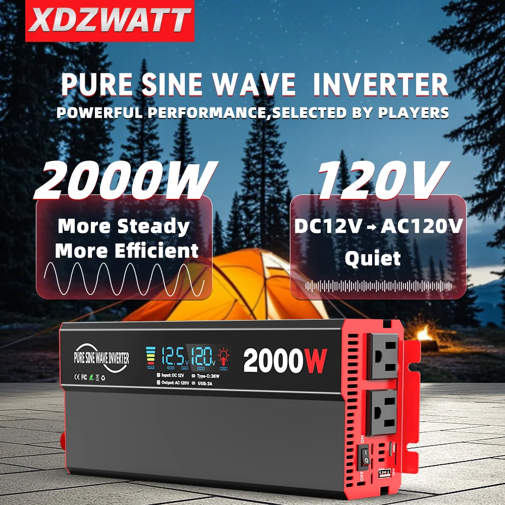 Onduleur à onde sinusoïdale pure avec écran LCD USB Type-C, TransDevices, Véhicules, Montres, Panneau solaire, Camp, 2000W, DC 12V à AC 120V