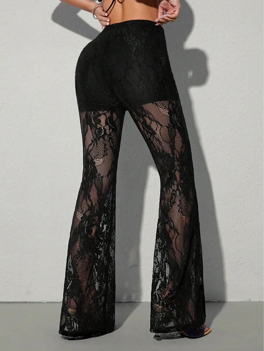 Ladies Lace-Trimmed Bell Bottom Pants Casual Elegant All-Season Fashionable Trousers for Women