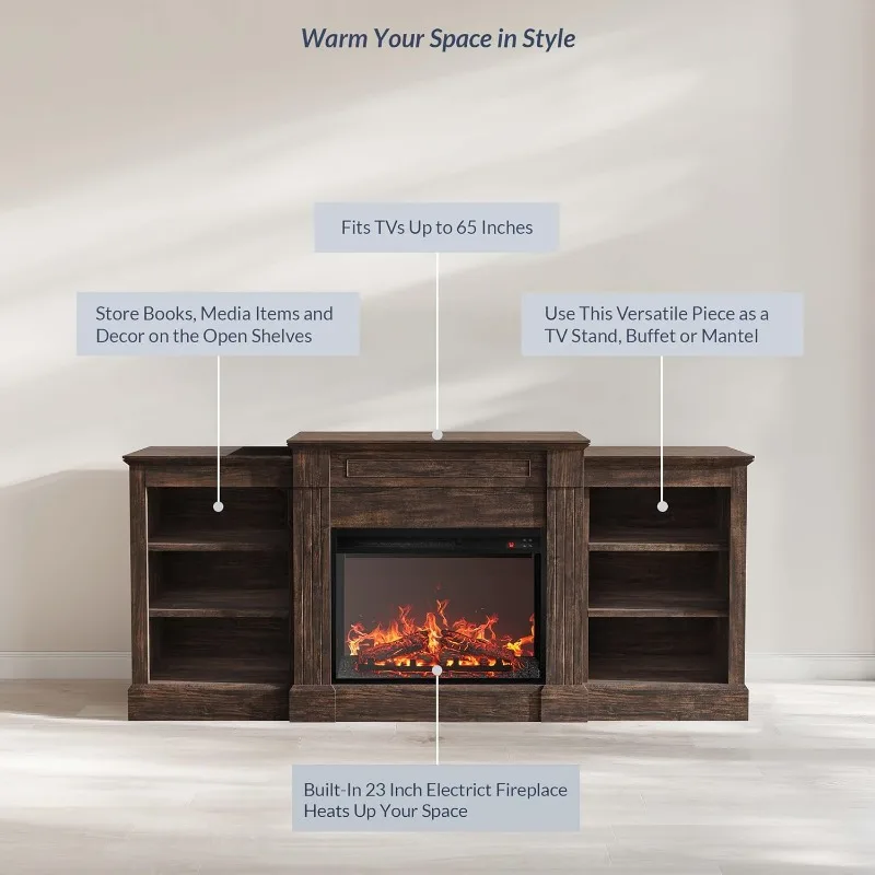 BELLEZE Modern 66" Electric Fireplace Heater Mantel TV Stand Media Entertainment Center TVs up to 66" Energy-Efficient Heater
