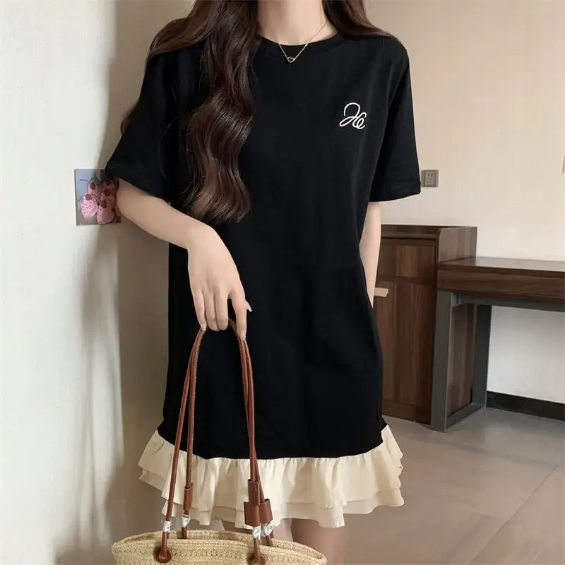 Plus Size Patchwork T Shirt Dress Summer New Short Sleeve Solid Loose Contrast Korean Midi Dress Casual Fashion Women Clothing