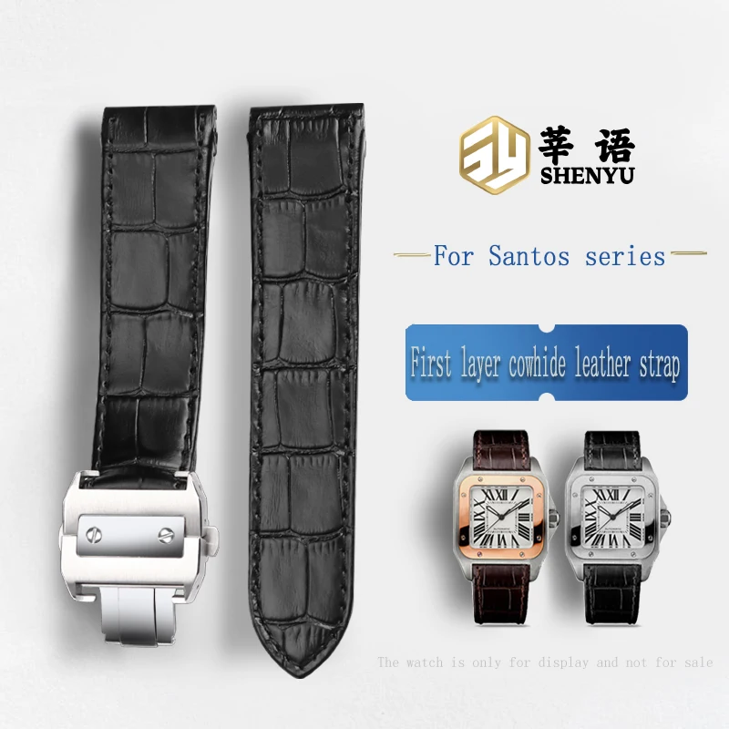 Shenyu High Quality Genuine Leather Watch Strap For Cartier Watchband Santos 100 Series Men's And Women Folding Buckle 20mm 23mm